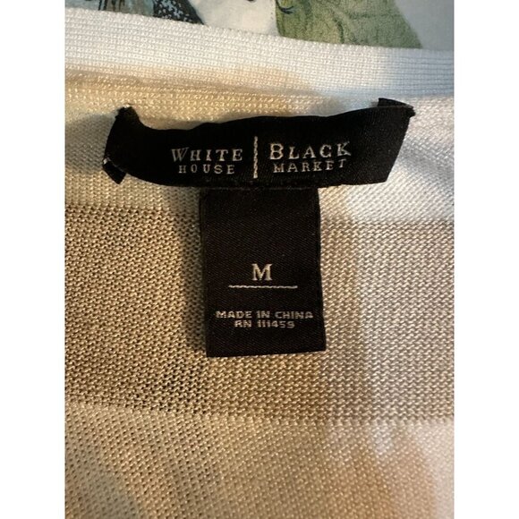 White House Black Market Cardigan Sweater M Striped Beige Metallic Rhinestone Bu - Picture 4 of 8